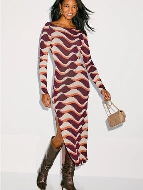 Misa Los Angeles Wave-Print Long Sleeve Midi Dress in Burgundy and Cream